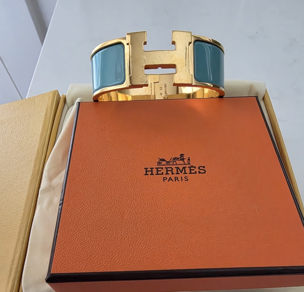 Authentic Hermès Cliq H Turquoise/Gold Bracelet Wide GM/ (Grand Modele)